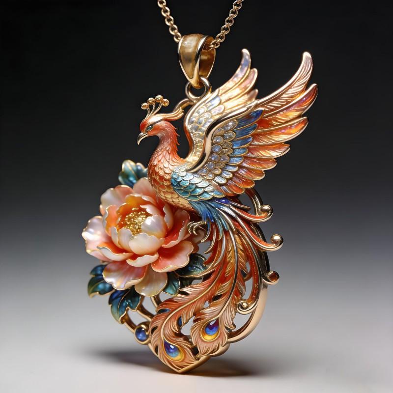 Handcrafted Chinese Phoenix Pendant Necklace Zinc Alloy Electroplated Rose Gold Floral Animal Jewelry Women Men Authentic Crimson Phoenix Pendant Necklace - 003