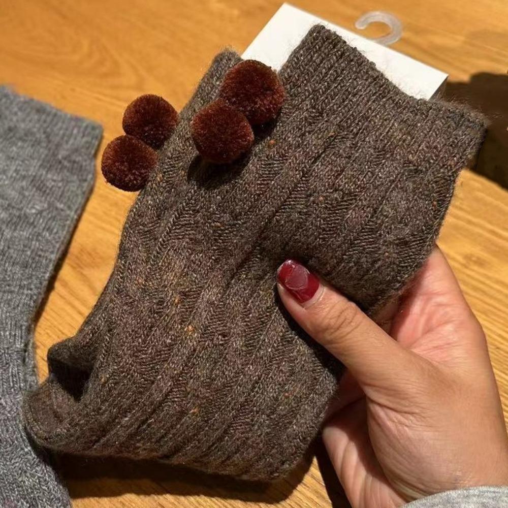 Plush Ball Mid Tube Socks Thick Warm Knit Socks Women Cute Wool Mid-Calf Socks  Girls