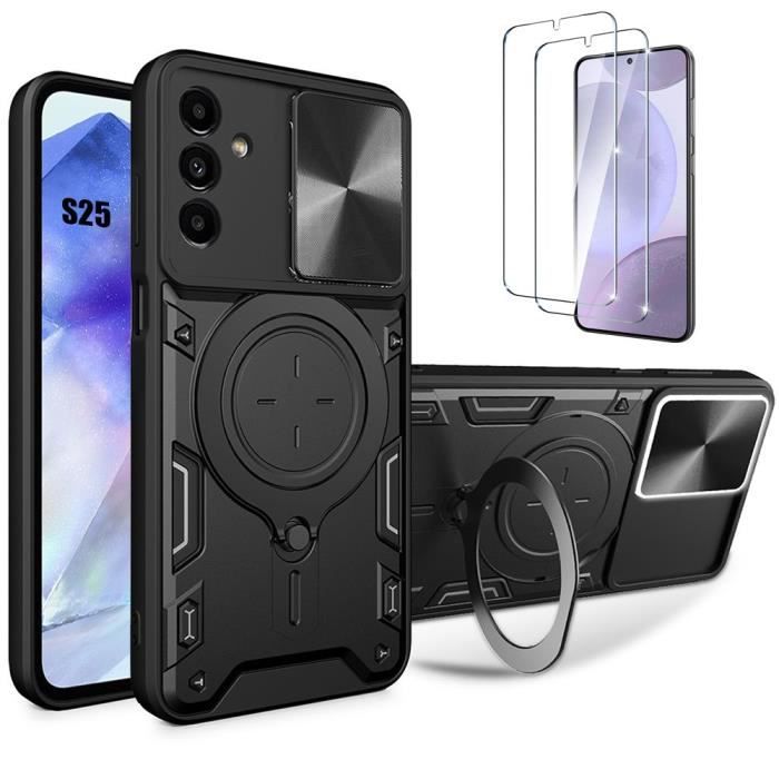 Coque pour Samsung Galaxy S25, Protection Anneau Support Cache Caméra Noir + 2 Verres Trempés