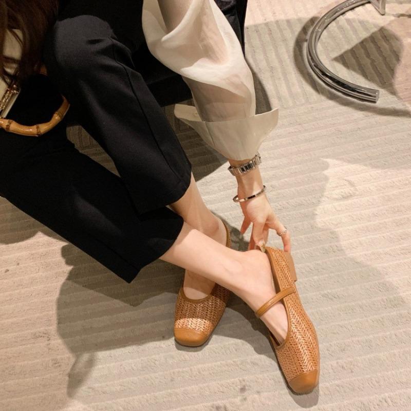 Sheepskin~ inner height increase 5cm slippers women's straw woven square head cool slippers lazy bag head half drag summer outer wear