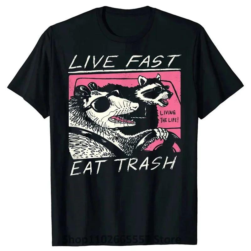 Funny Cartoon Raccoon TShirt Live Fast Eat Trash T Shirt Camisas Hombre Female Casual Loose Print Top Harajuku Tshirt Unisex