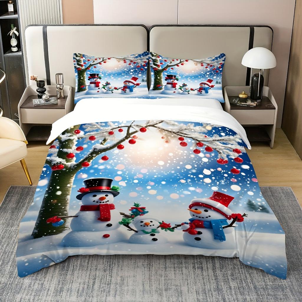 3pcs Christmas Snowman Duvet Cover Set High-Quality Printed Bedding Soft and Comfortable Microfiber with Zipper Closure