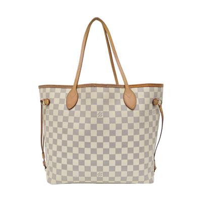 [Použitý] Neverfull Střední Bílá Potahovaná Plátěná Kostkovaná Ramenní Tote Taška Se Zlatým Kováním A Kapsičkou - Dobrý Stav #1HFW6G3