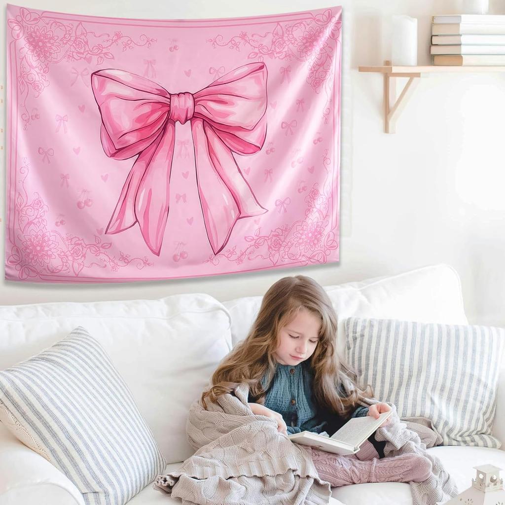 KJHL Pink Bohemian Wall Tapestry for Teen Girls, 44 x 60 Inch Cute Preppy Tapestry Wall Hanging Retro Coquette Bow Room Decor Aesthetic Tapestries