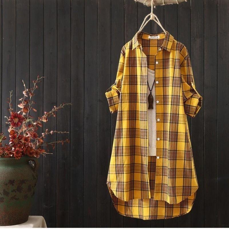 Women's Plus Size Cotton Linen Checkered Shirt Long Sleeved Casual Long Length Loose Commuting Jacket