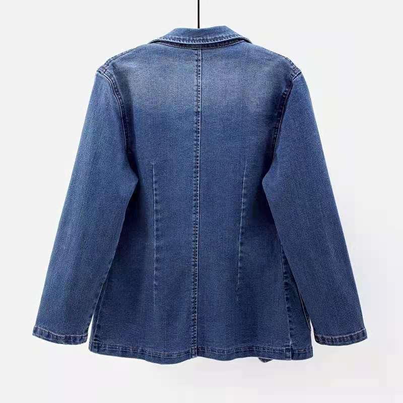 Dameslimfit denimjakke, dresskrage, ensfarget, cardigan med én knapp - trendy vår og høst