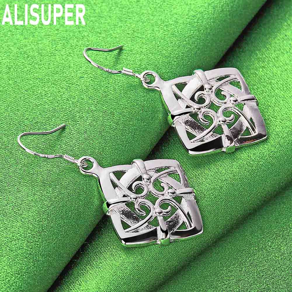 925 Sterling Silver Square Geometric Pendant Piercing Earrings Fashion Charm Wedding Jewelry