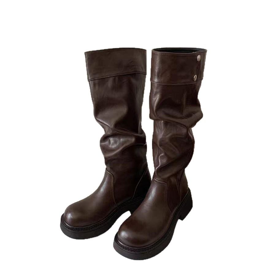 New Spot Pre-sale~ New Wasteland Wind-pleated Piling Boots Can Be Folded for Two Wears, Long Boots Thick Heel Thick Sole High Tube