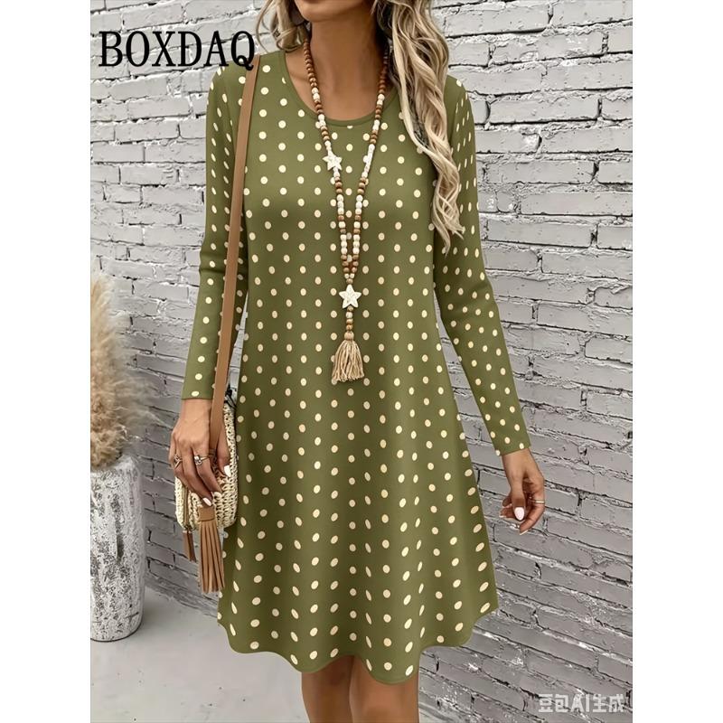 Polka Dot 3D Print Dresses For Women 2026 Autumn Fashion Long Sleeve A-Line Dress Women Casual O-Neck Loose Home Dress Vestidos