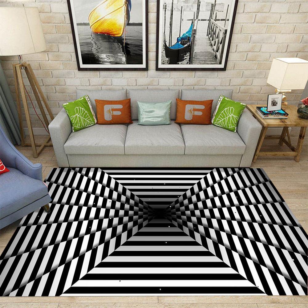 3D Hollow Visual Illusion Carpet Black and White Striped Rug Living Room Bedroom Anti Slip Decoration Mat Home Decoration