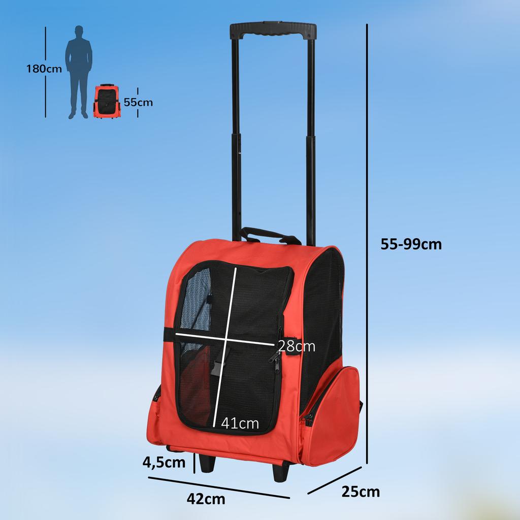 Pet Travel Backpack Bag Cat Puppy Dog Carrier W/ Trolley and Telescopic Handle Portable Stroller Wheel Luggage Bag (Red)