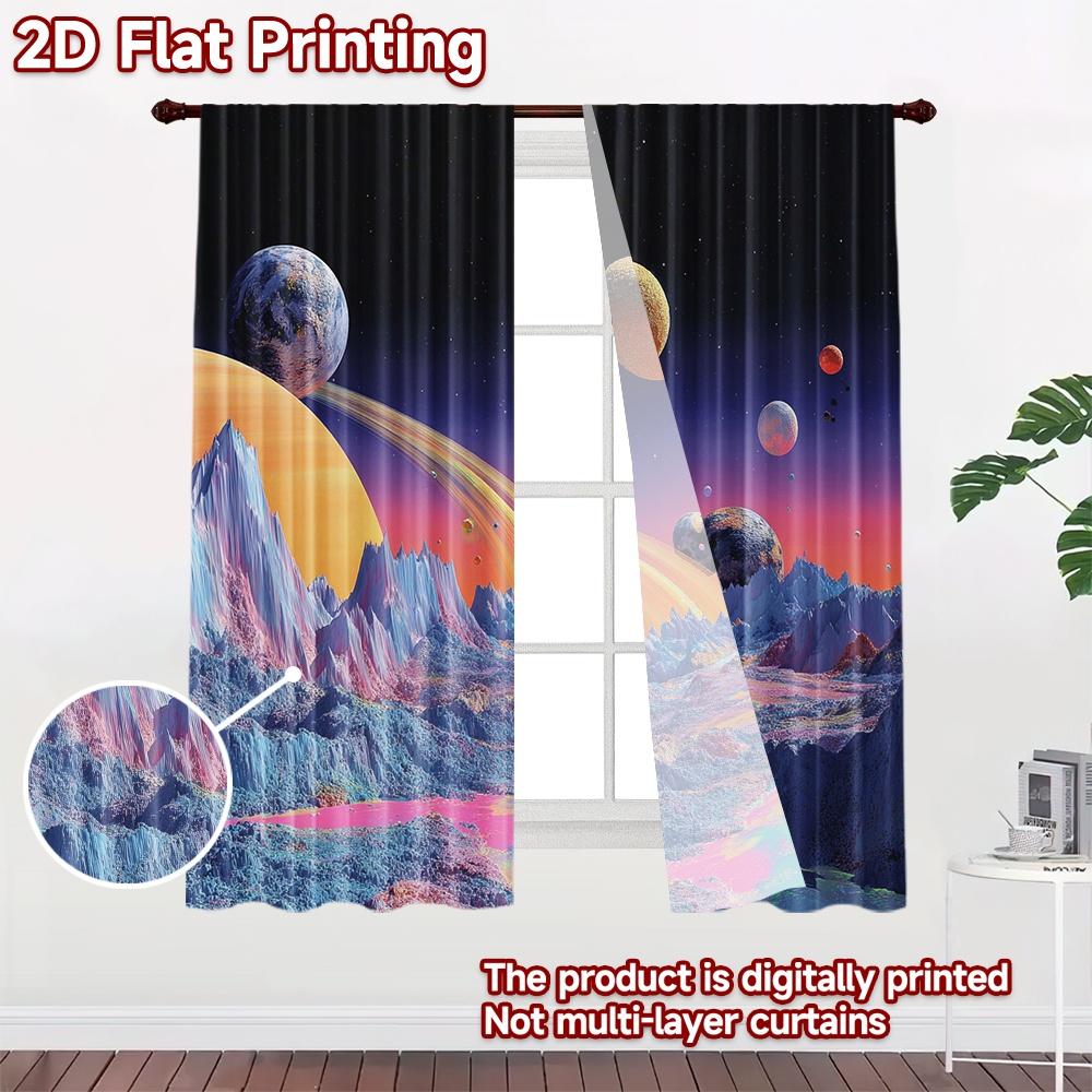 2D flat printing 2pcs Party Curtains Cosmic Alien Planet Landscape Scenery Digital Printed Polyester Drapes All Season Party &