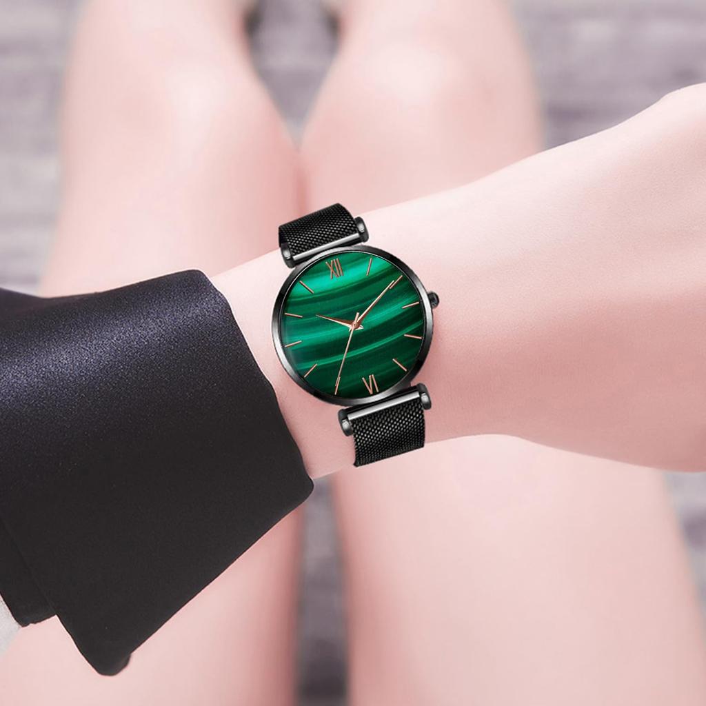 RORIOS Women's Watch, Japanese Quartz Movement, Malachite Stone, Green Dial, Water Resistant, Analog, Casual, Stainless Steel & Leather Band, Stylish,