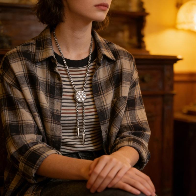 Elegant Round Shaped Neckwear Rhinestones Accented Unisex Stainless Steel Necklace Slidable for Gifting and Daily Use