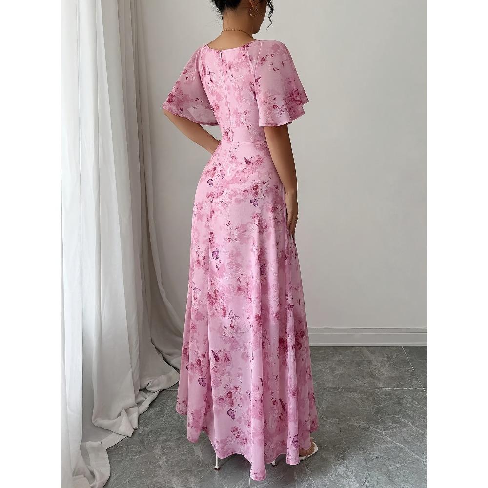 Damen Schmetterlingsmuster Fledermausärmel Chiffonkleid, Plissiert Süß Französischer Stil Sommerkleid, Elegante Koreanische Herbstmode