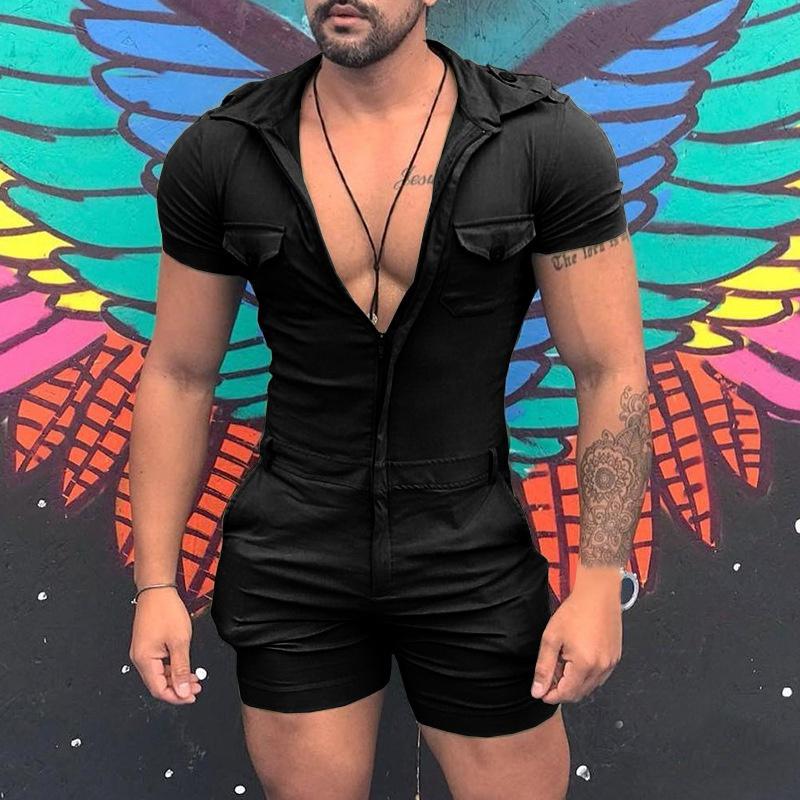 Camicia monopezzo con cerniera di tendenza estiva da uomo Pantaloncini con cerniera a maniche corte da uomo Tutina tinta unita
