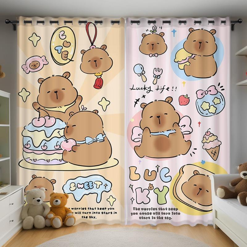 Christmas Kapibala Anime Living Room Bedroom Curtains For Living Room Perforated Dustproof Blackout Drapes Kitchen Cabinet  Home