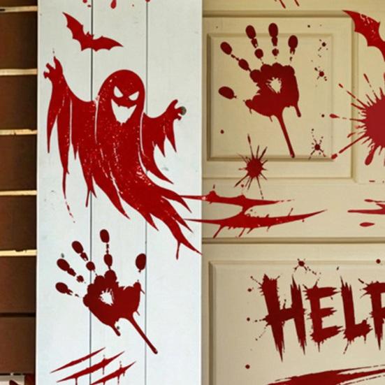 Atmospheric Haunted House Accents Halloween Horror Stickers, with Spooky Handprints Footprints Printed, Creepy Text Decals Self-adhesive Decals,