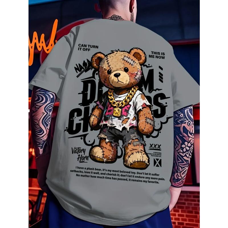 Europäisches und amerikanisches Herren Sommer Teddybär Graffiti Print Bequemes und atmungsaktives Rundhals T-Shirt Outdoor Street Top