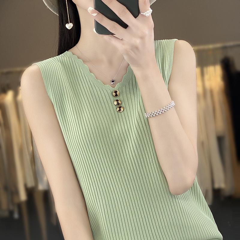 IHUASU Dámské letní tílko s výstřihem do V z ledového hedvábí, bez rukávů, pletené tričko, top, zakřivené korálky, slim, s krátkým rukávem, spodní topy