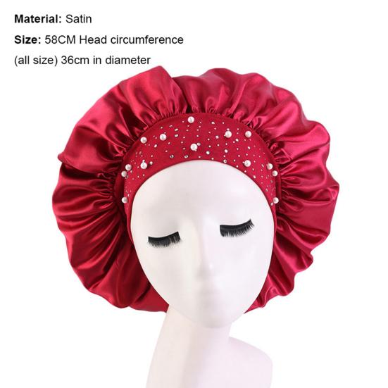 Women Bonnet Cap Solid Color Faux Pearls Rhinestone Elastic Band Bouffant Hat for Hair Salon