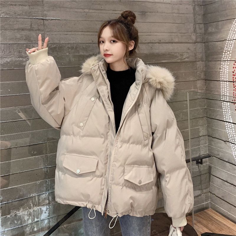 Hooded Cotton-padded Jacket for Women Short Winter Korean-style Loose and Thick Cotton-padded Jacket with A Large Fur Collar Trendy Coat