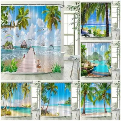 Perdea de duș cu peisaj oceanic, plajă, palmieri, papagali, delfini, valuri de mare, peisaj natural, perdele de baie, material textil, decor de baie