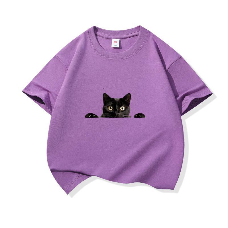 Kids Cotton T Shirt Peeking Black Cat Graphic Print Crew Neck Short Sleeve Tee Casual Breathable Boys Girls Summer Tops