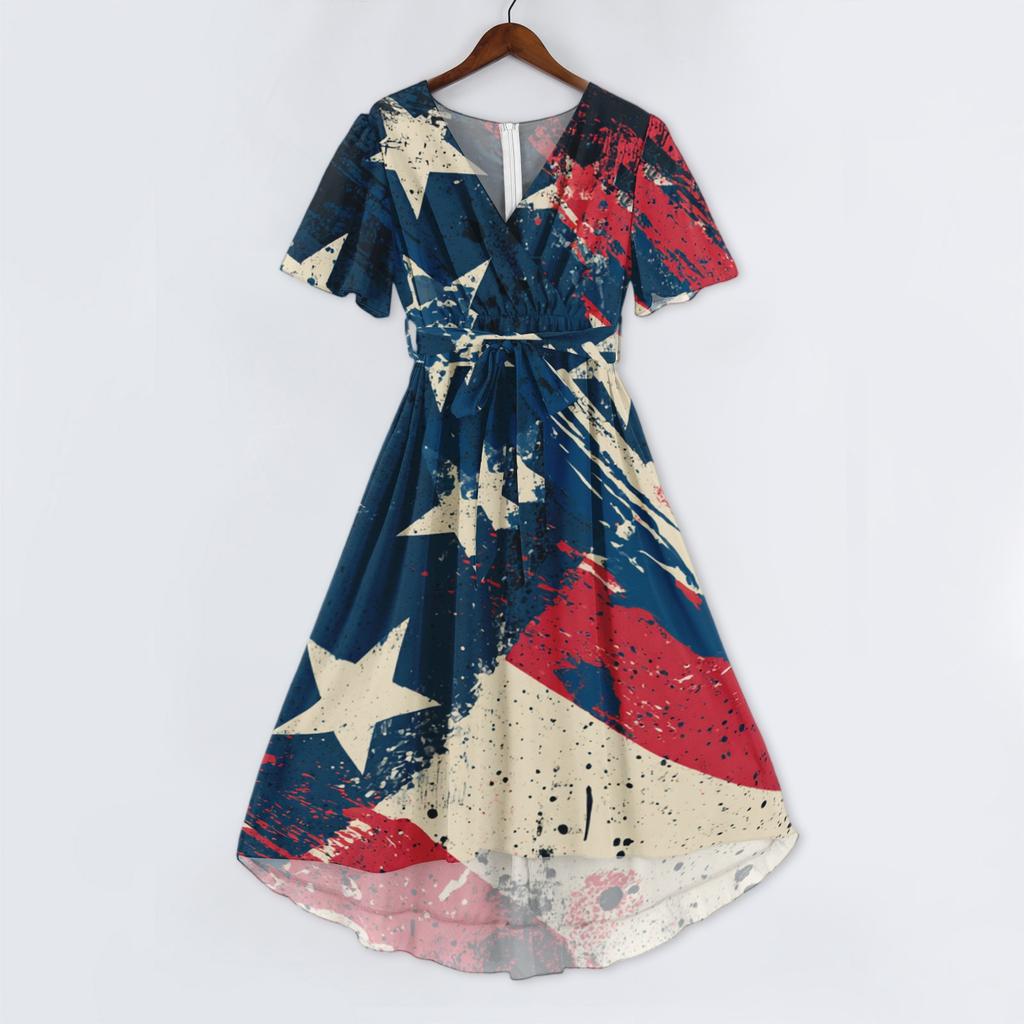 Women's Casual V-Neck Short-Sleeve Independence Day Print Dress