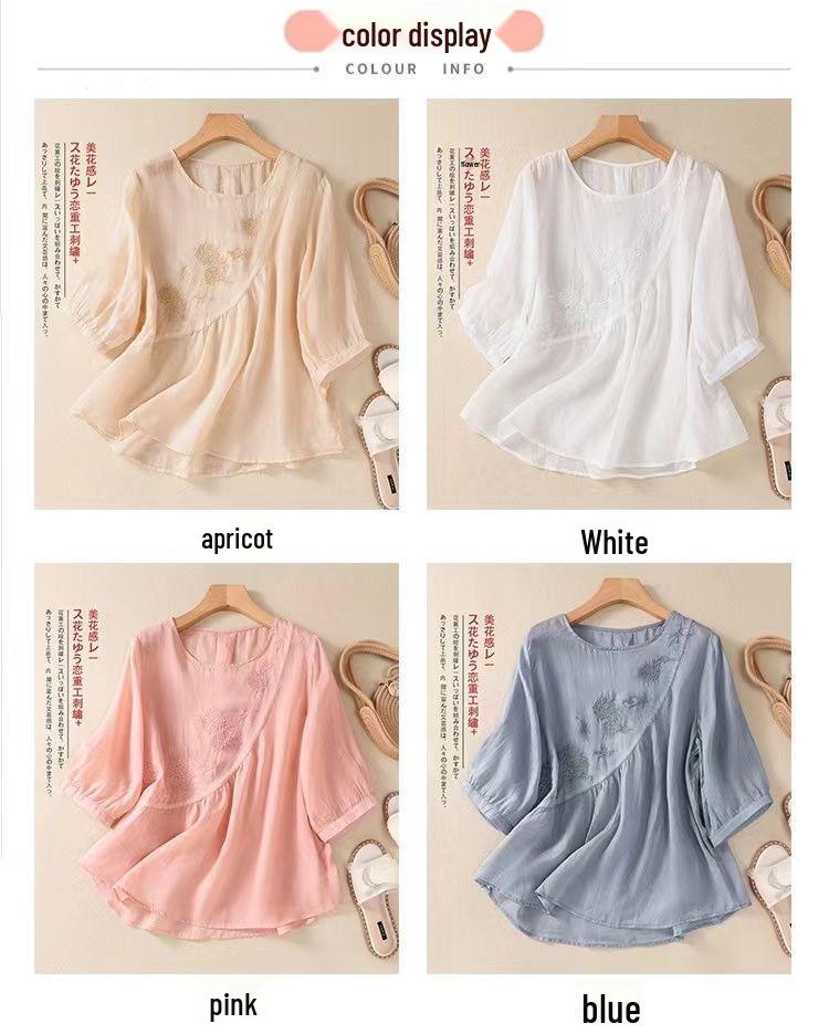 Women's 2023 Literary Embroidered Cotton Linen Blouse - Summer Loose Round Neck Pleated Pullover Top