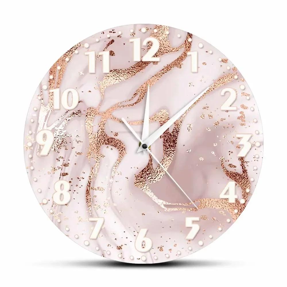 Rose Gold Marble Pinkish Texture Printed Wall Clock For Bedroom Luxury Marble Pink Watercolor Background Contemporary WallI8L0O5