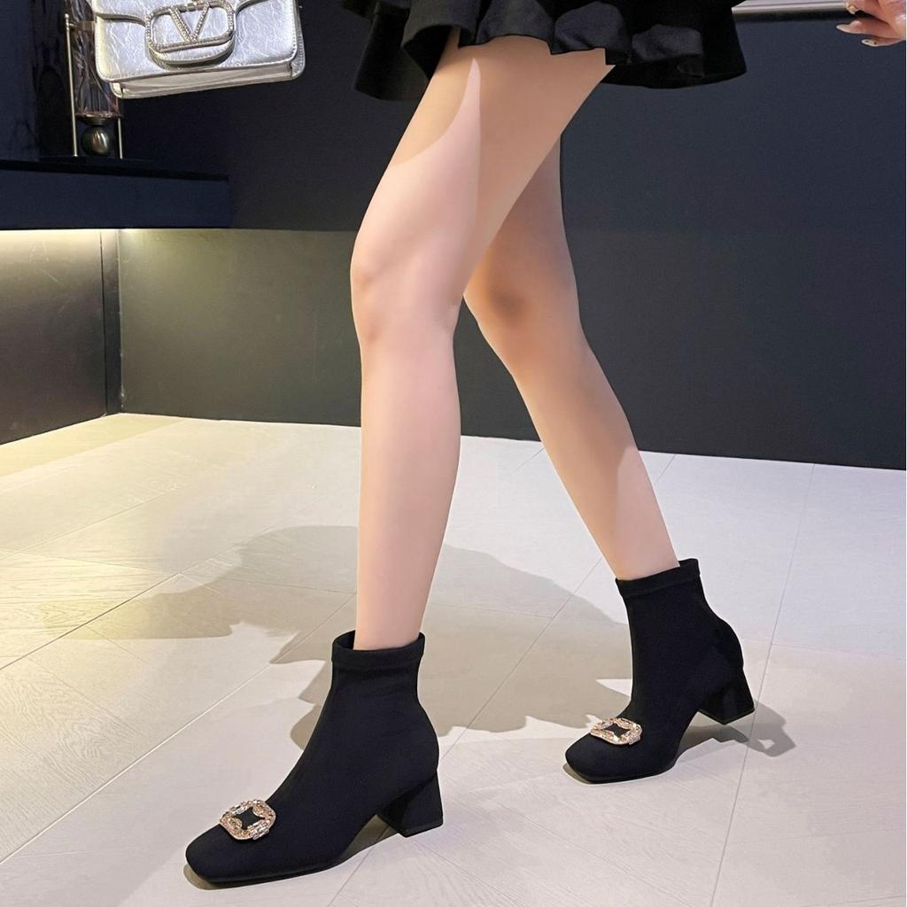 Suede rhinestone square buckle high-heeled elastic boots Korean version thin boots thick heel square head short boots women's autumn and winter sing