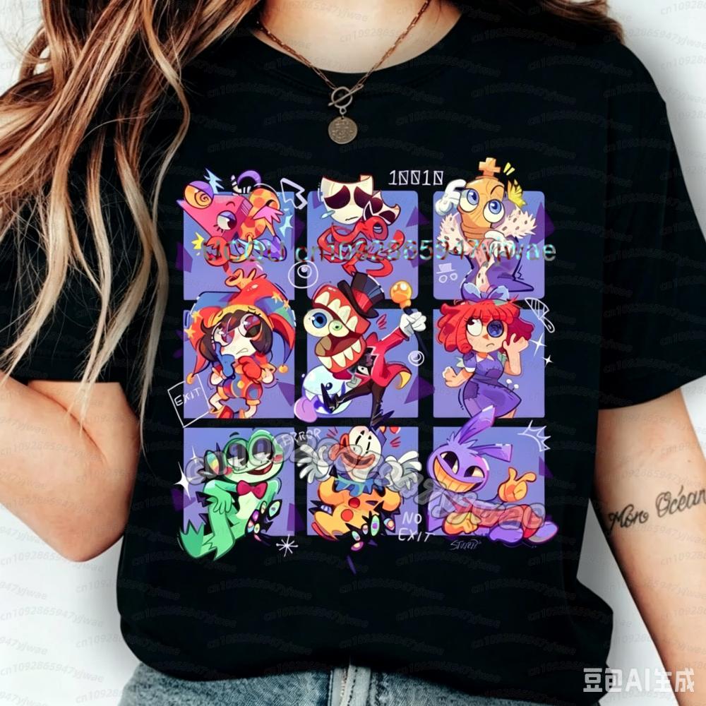 2026 women THE AMAZING DIGITAL CIRCUS Pomni Print Short Sleeve Cartoon Plus Size Cotton children Boy Girl Parent-child T-shirt