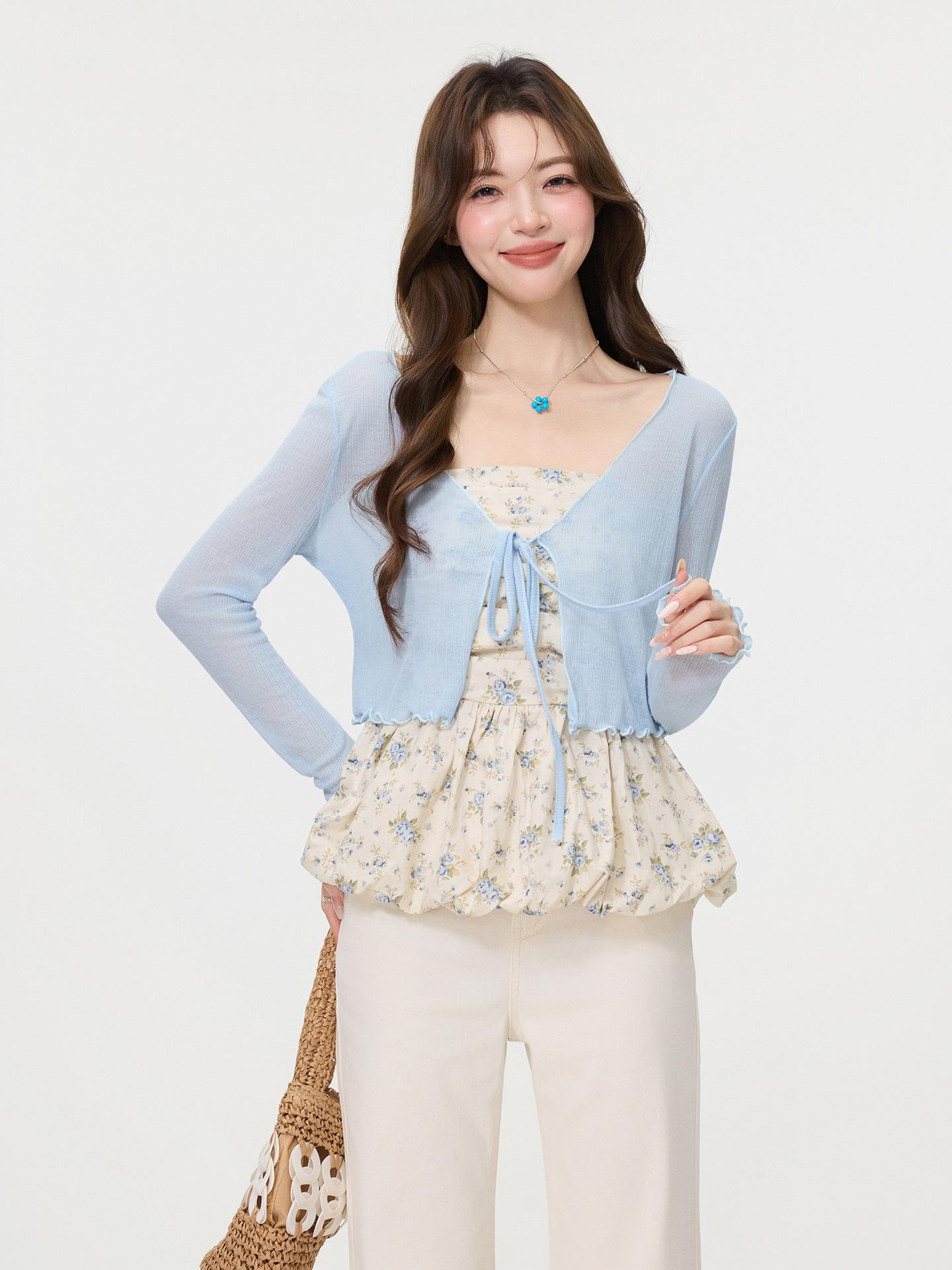 Blue thin with suspenders, straps, shawl, knitted cardigan, women s spring and summer design, fungus edge top blouse S