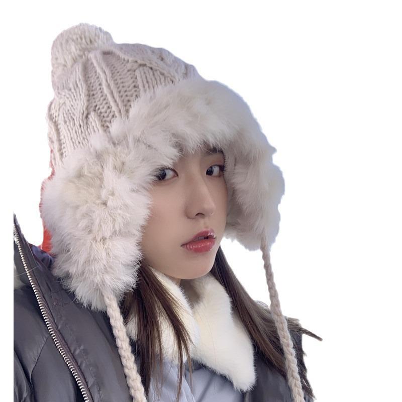 Rabbit fur Lei Feng hat Children's autumn and winter wool hat Sweet and cute hairball ear protectors Plush warm knitted hat tide