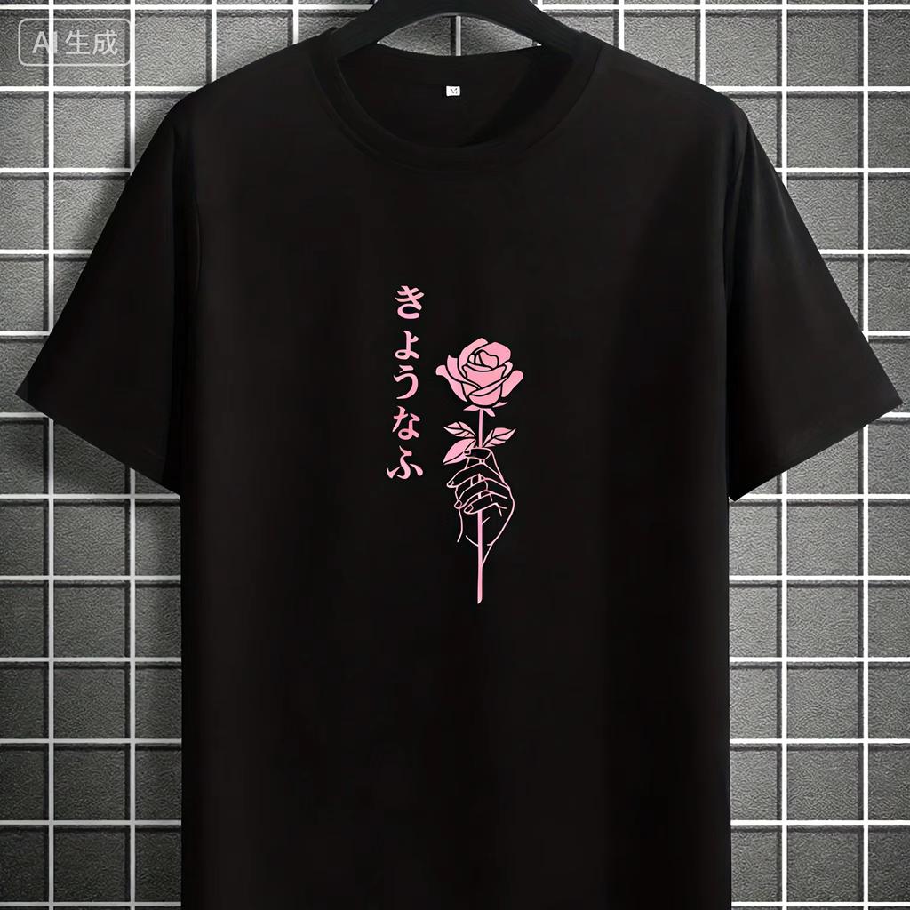 Summer Unisexs Adult American Style Rose Flower Print Cotton Breathable Shortsleeved Simple Tshirt Loose And Comfortable