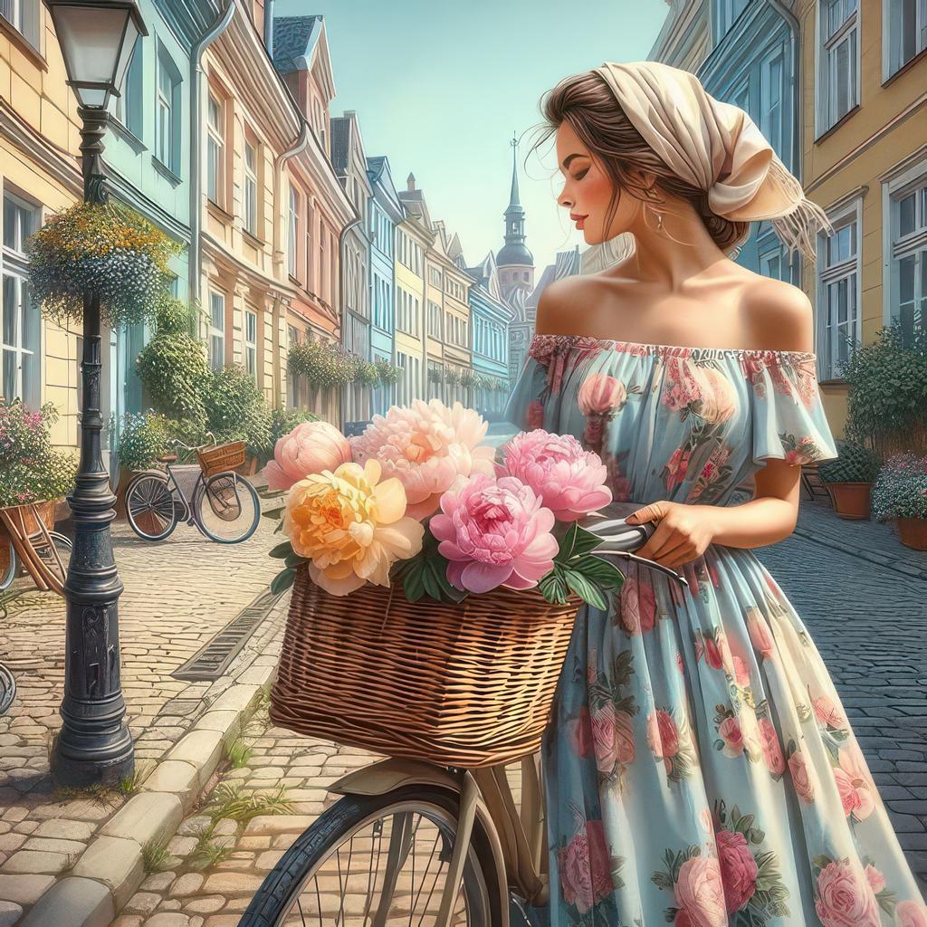 The Girl and Flowers On The Street Diamond Painting 5d Full Square Round Diamond Embroidery Woman Landscape Mosaic Cross Stitch Kits Home Decor J4017