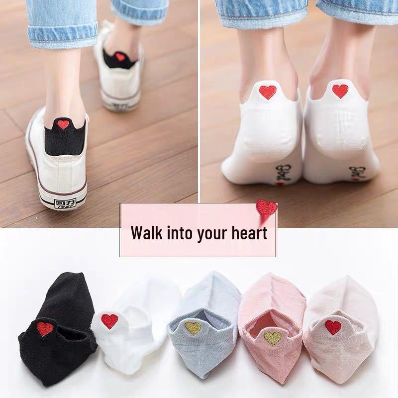 Women's Summer Embroidery Low-Cut Boat Socks - Solid Color with Cartoon Heart Design