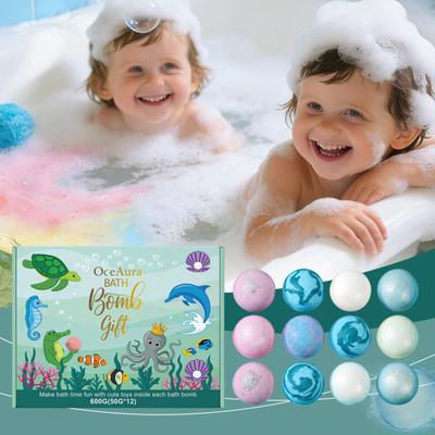 12 Stück Ozean-Themen-Badebomben mit Tier-Spielzeug Sprudelnde bunte Blasenbälle für Kinder Natürliches Meersalz Ätherische Öle Feuchtigkeitsspendend Hautpflegend Spaß