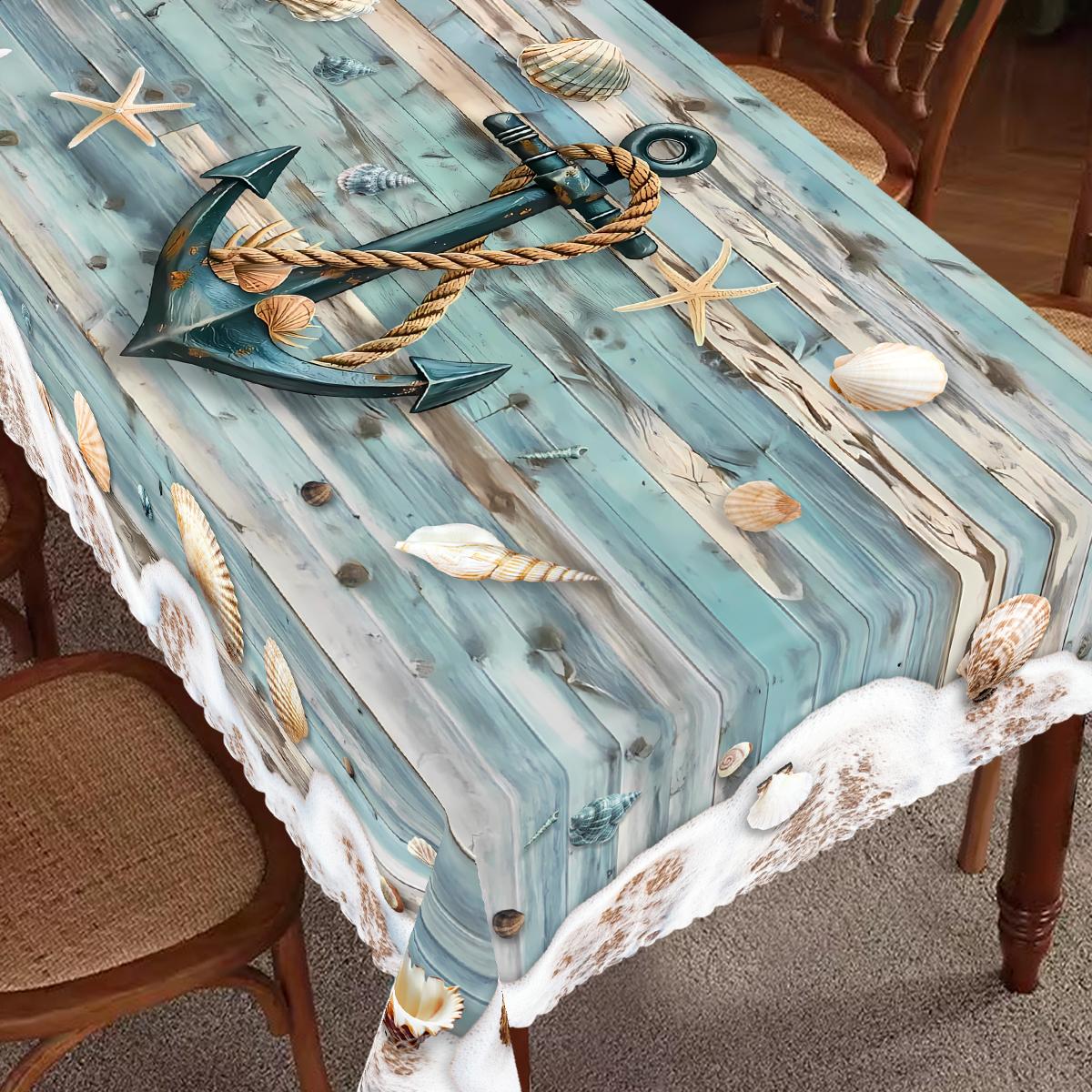 

1pc Nautical-Themed Polyester Tablecloth - Round/Rectangular, Durable & Machine-Washable with Ocean Anchor, Compass 152x220cm