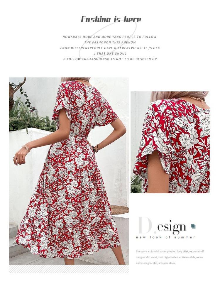 American European Women Summer Holiday Floral Mid Length Fashion Dress