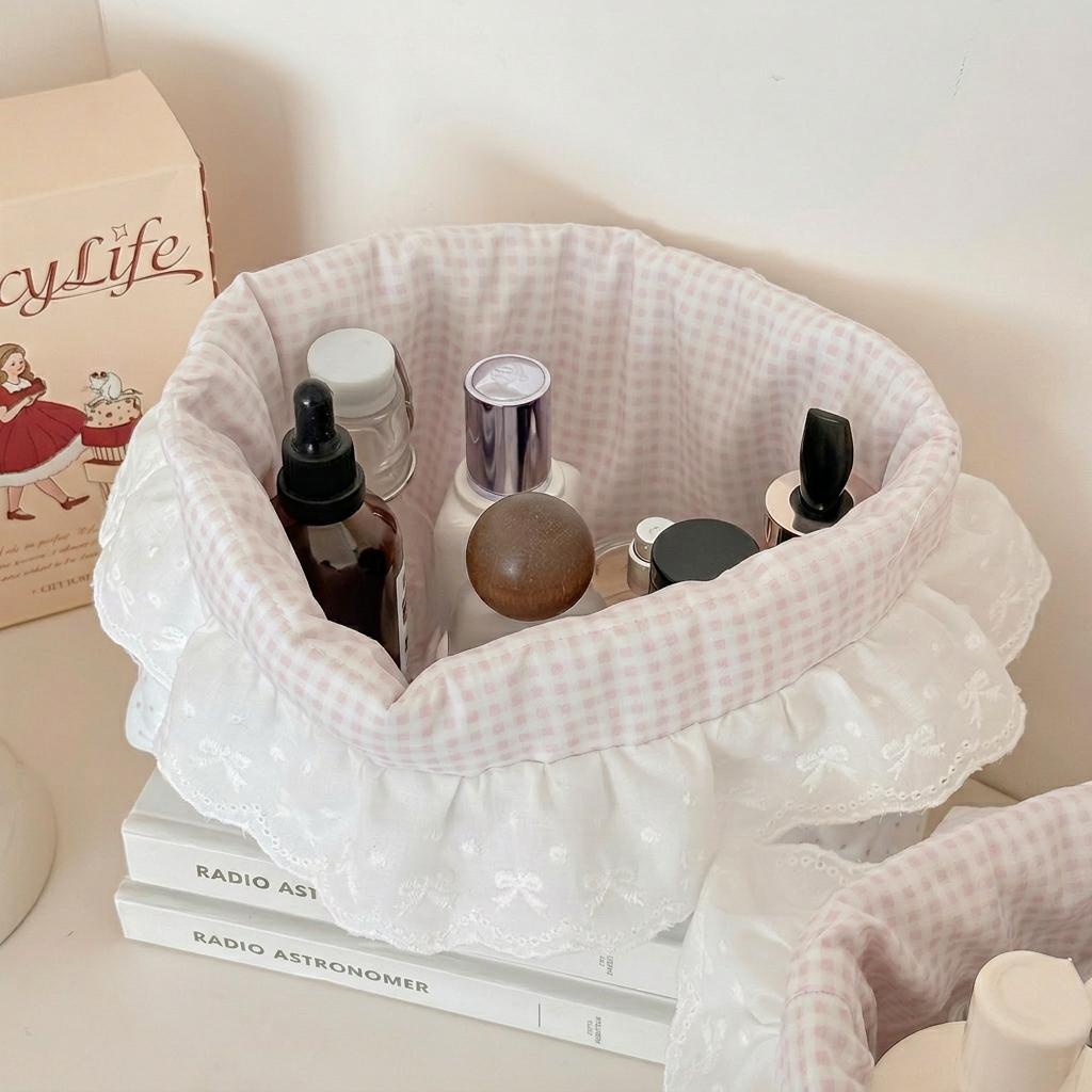 Cotton Fabric Storage Basket Polka Dot Lace Ruffle Cute Desktop Organizer for Sundries Snacks Home Storage Organization