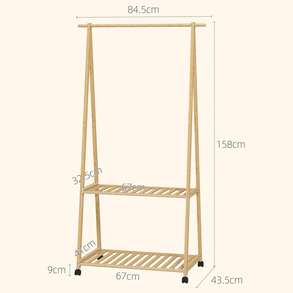 Bamboo Coat Rack with Shoe Shelf and 2 Hooks, Mobile, Natural