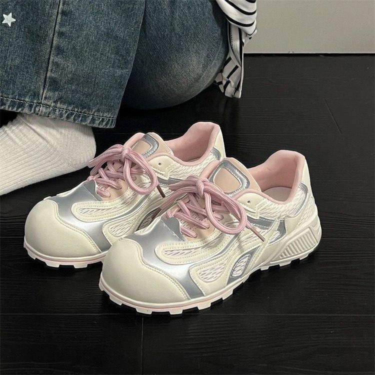 

Моральные тренировочные туфли в стиле колледжа женские 2025 весна и лето новые удобные и универсальные повседневные сетчатые туфли на плоской подошве, толстая подошва с увеличением высоты 40 розовый