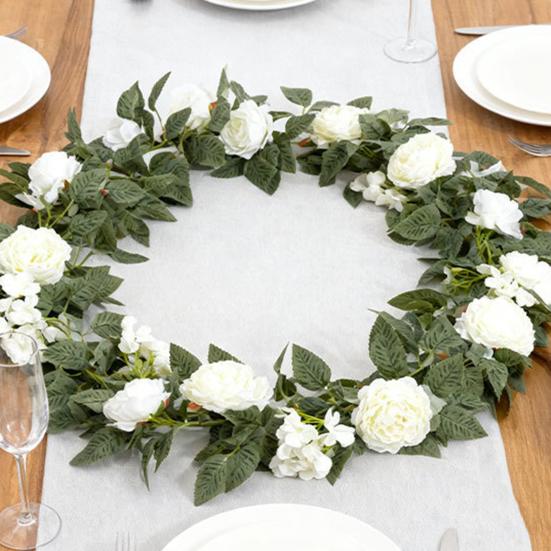 Artificial Rose Flower Garland UV Resistant Realistic Faux Flower Vine with Green Leaves Wedding Party Hanging Simulation Bloom Rattan Decoration