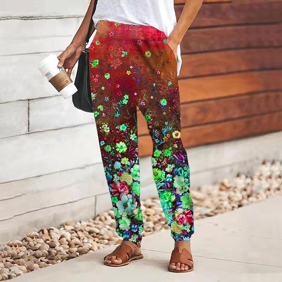 

Женские брюки с лесным принтом на шнуровке, с эластичной талией, свободные брюки, повседневные длинные брюки, брюки с карманами XS красный