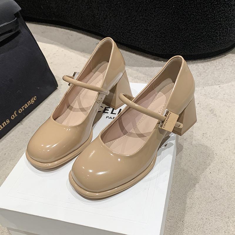 

Весна 2025 года, новые женские туфли на высоком каблуке, британский стиль, пряжка, маленькие кожаные туфли, толстый каблук, круглая головка, повседневные туфли Мэри Джейн для женщин 40 абрикосовый