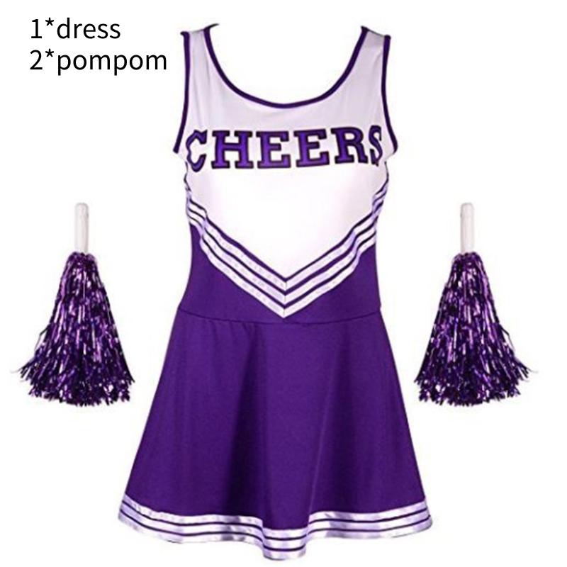 Fancy Dress Cheerleader Outfit Uniform Cosplay Costume With Pom Poms High School