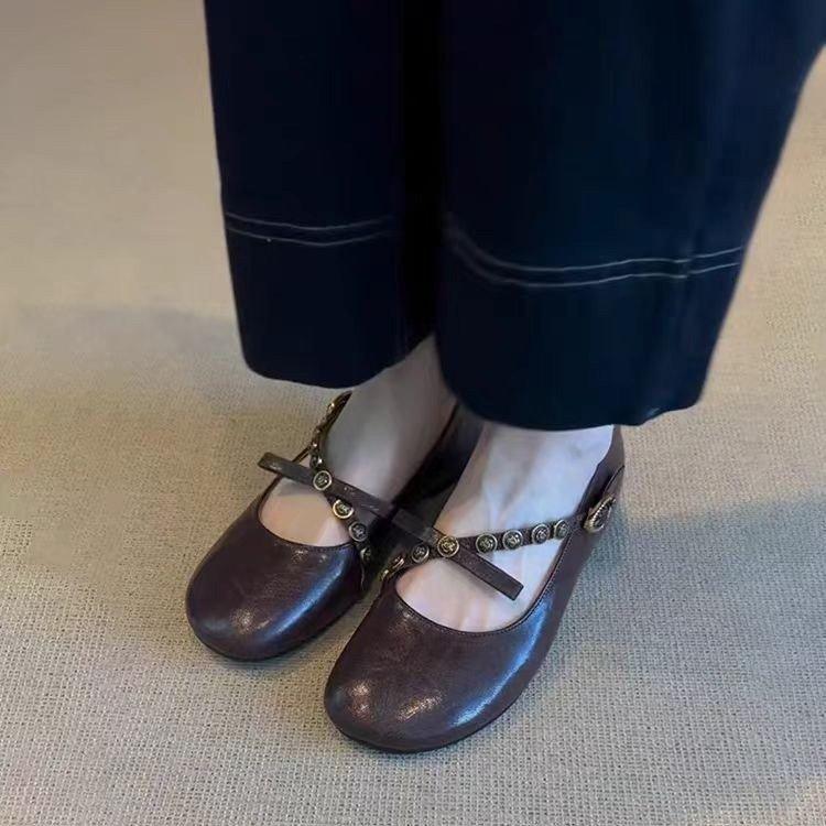 [Ushilai] French retro shallow mouth one-word buckle single shoes women's 2025 spring new bow Mary Jane shoes