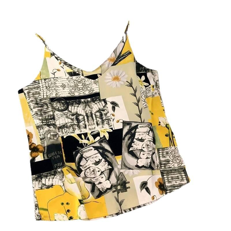 Ethnic style pattern color printing V-neck satin sling vest sleeveless bottoming shirt women's top outer wear holiday style